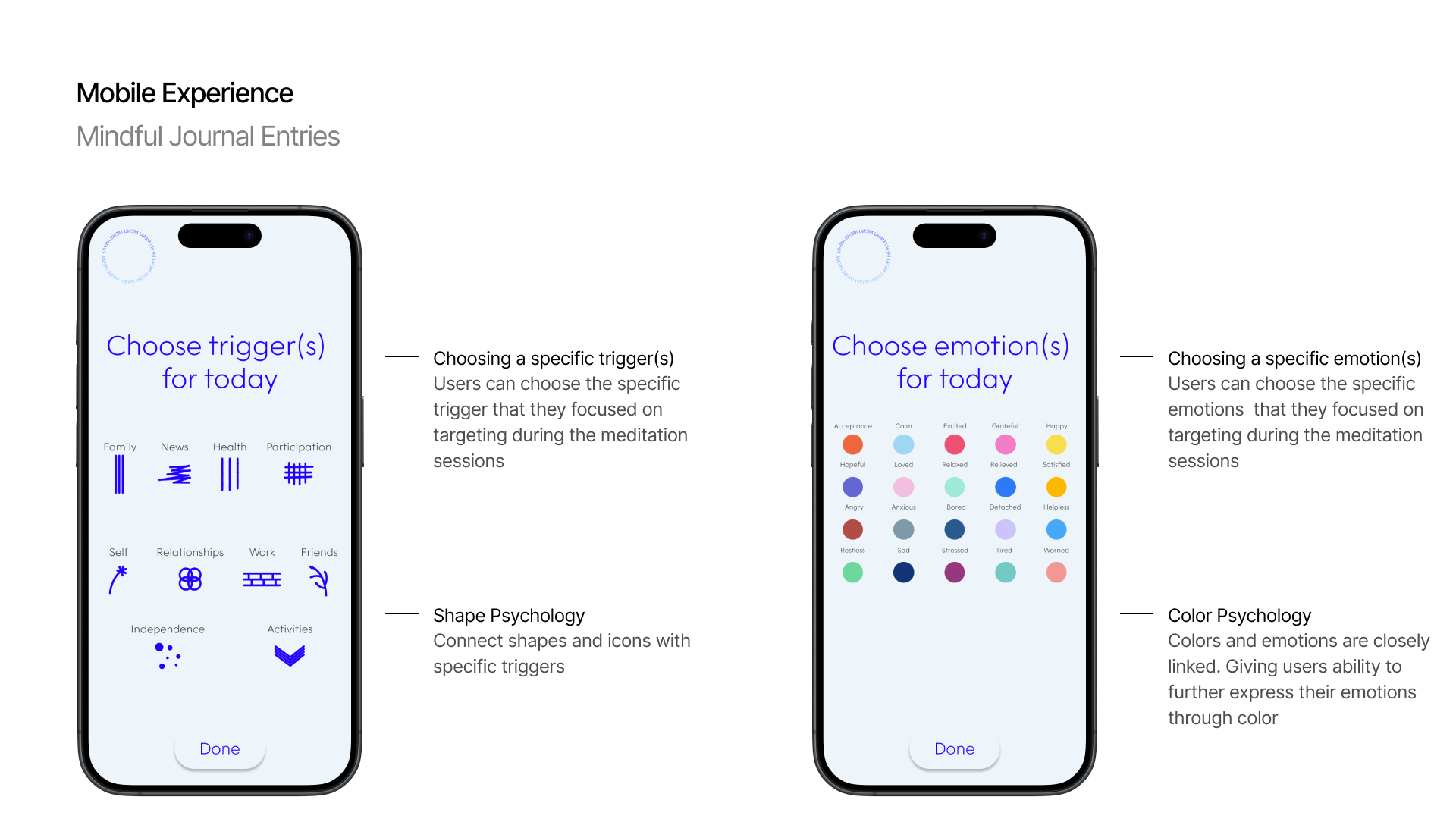 Zen mobile experience — mindful journal entries with trigger and emotion selection